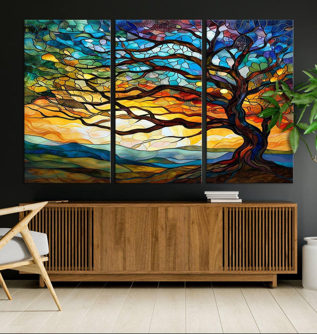 Vibrant Mosaic Tree of Life Wall Art | Stained Glass Style Canvas Print | Ready to Hang Artistic Decor