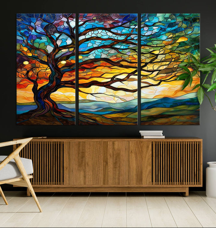 Mosaic Tree Wall Art | Ready to Hang Stained Glass Style Canvas Print | Farmhouse Wall Decor, Cabin Wall Art, and Unique Nature Home Decor