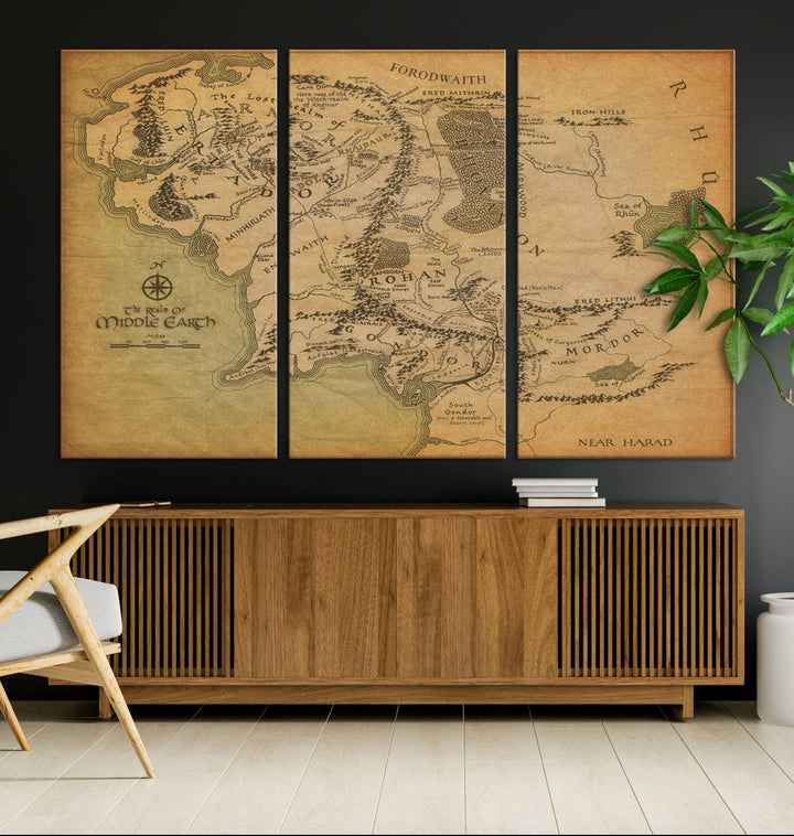 Vintage J.R.R. Tolkien Middle-Earth Map 3 Panel Canvas, perfect as wall art for home or office decor.