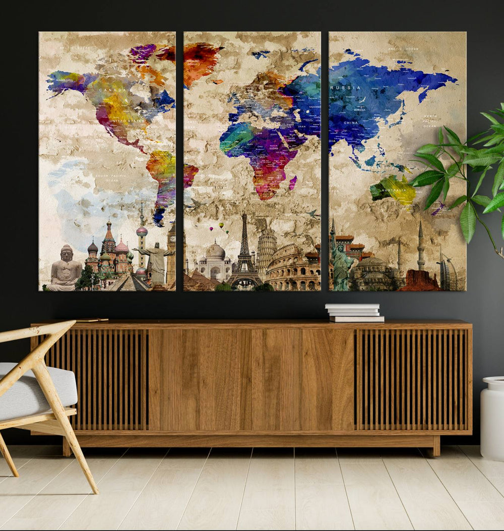 Artistic world map featuring landmarks like the Eiffel Tower, printed on premium wall art for office or living space.