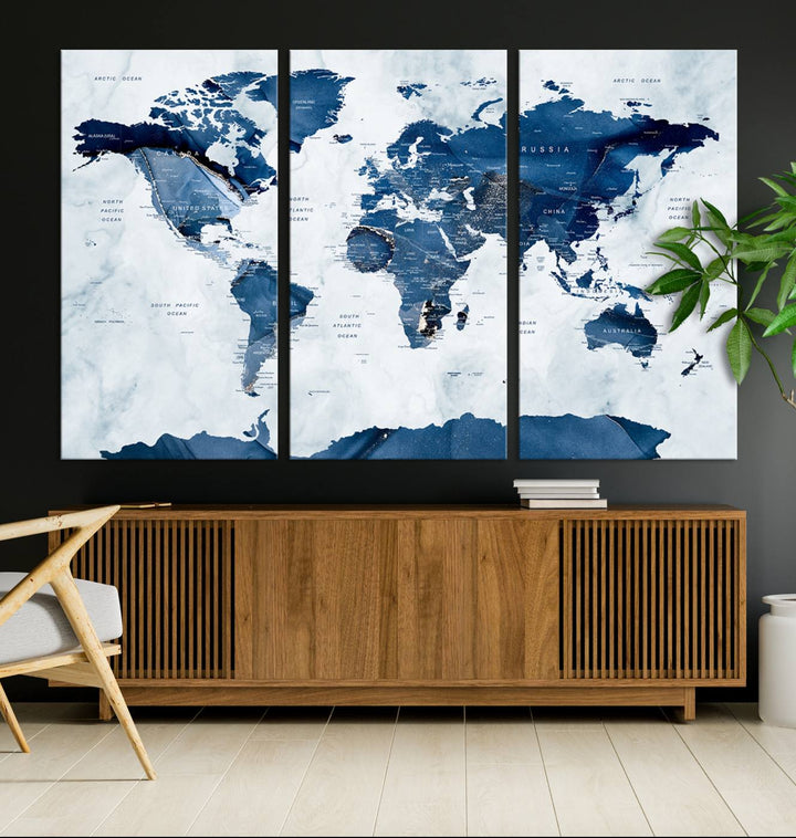 Navy Blue World Map with Antarctica Canvas: A perfect abstract home decor piece featuring a grunge-stained background.