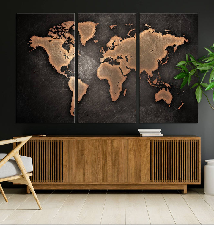 Maroon World Map Wall Art: Copper continents on a grunge-stained canvas, ideal for enhancing your decor.