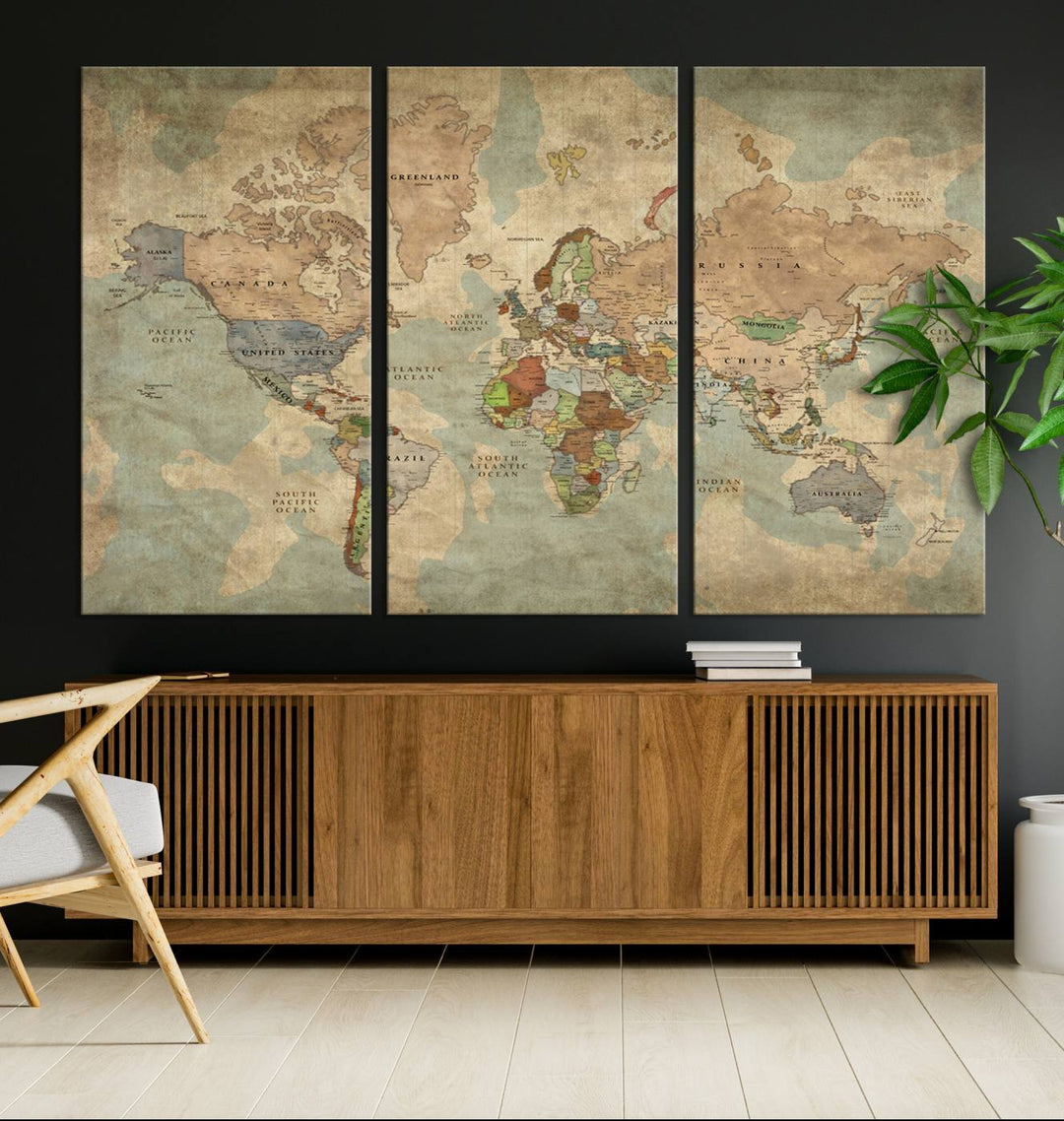 Vintage World Map Canvas Wall Art – Antique Triptych Map Print – Rustic Global Decor for Living Room or Office – Ready to Hang