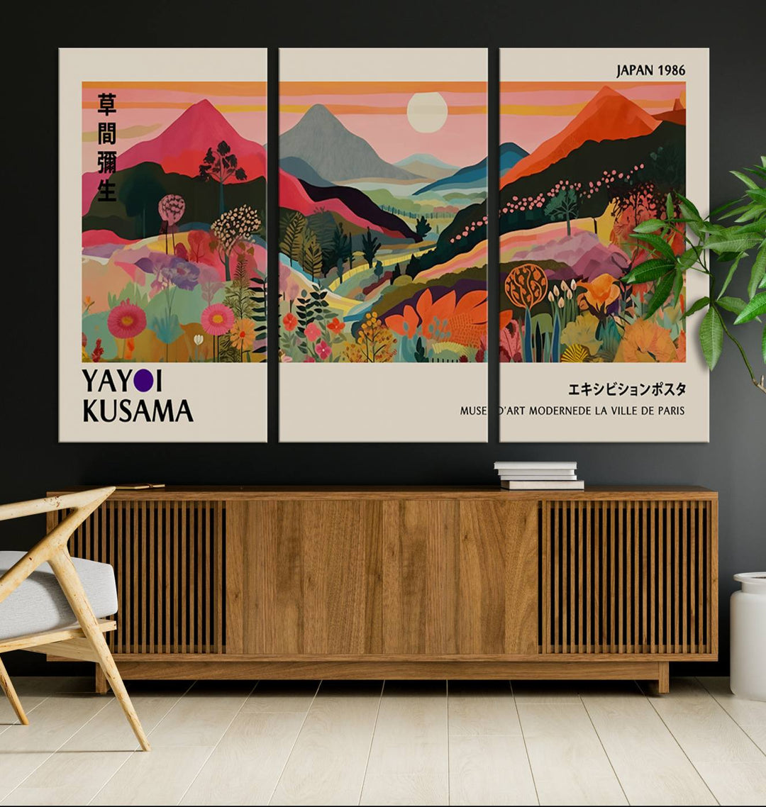 A vibrant abstract landscape by Yayoi Kusama adorns a Wabi Sabi ready-to-hang canvas print, featuring mountains and flowers.