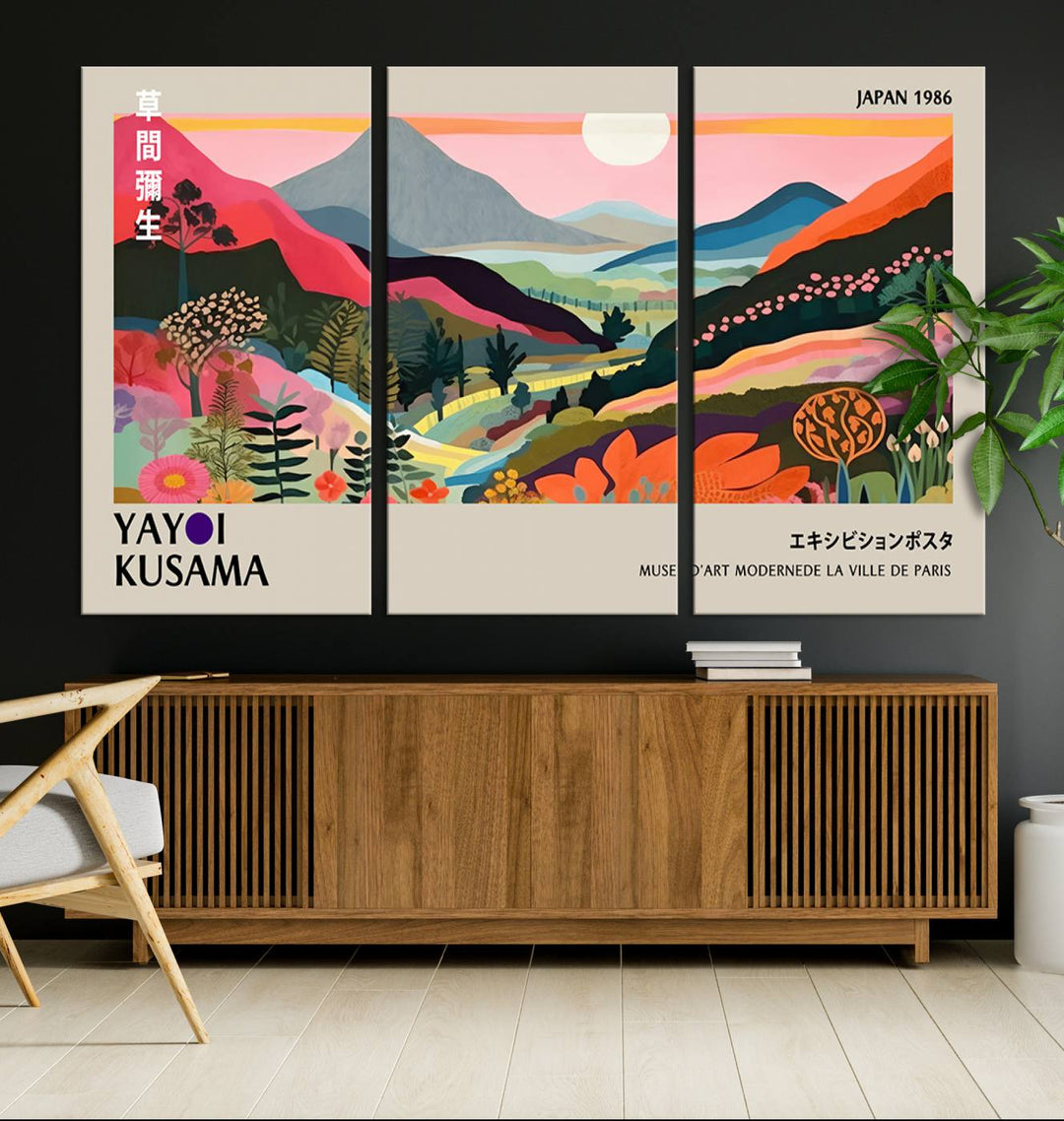 Vibrant abstract landscape canvas inspired by Yayoi Kusama, featuring mountains, trees, and flowers in a triptych style.