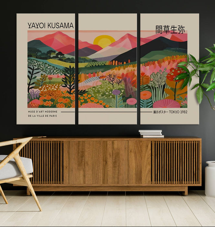 A vibrant abstract triptych features mountains, a sun, and plants in Yayoi Kusamas style with Japanese and French text included.