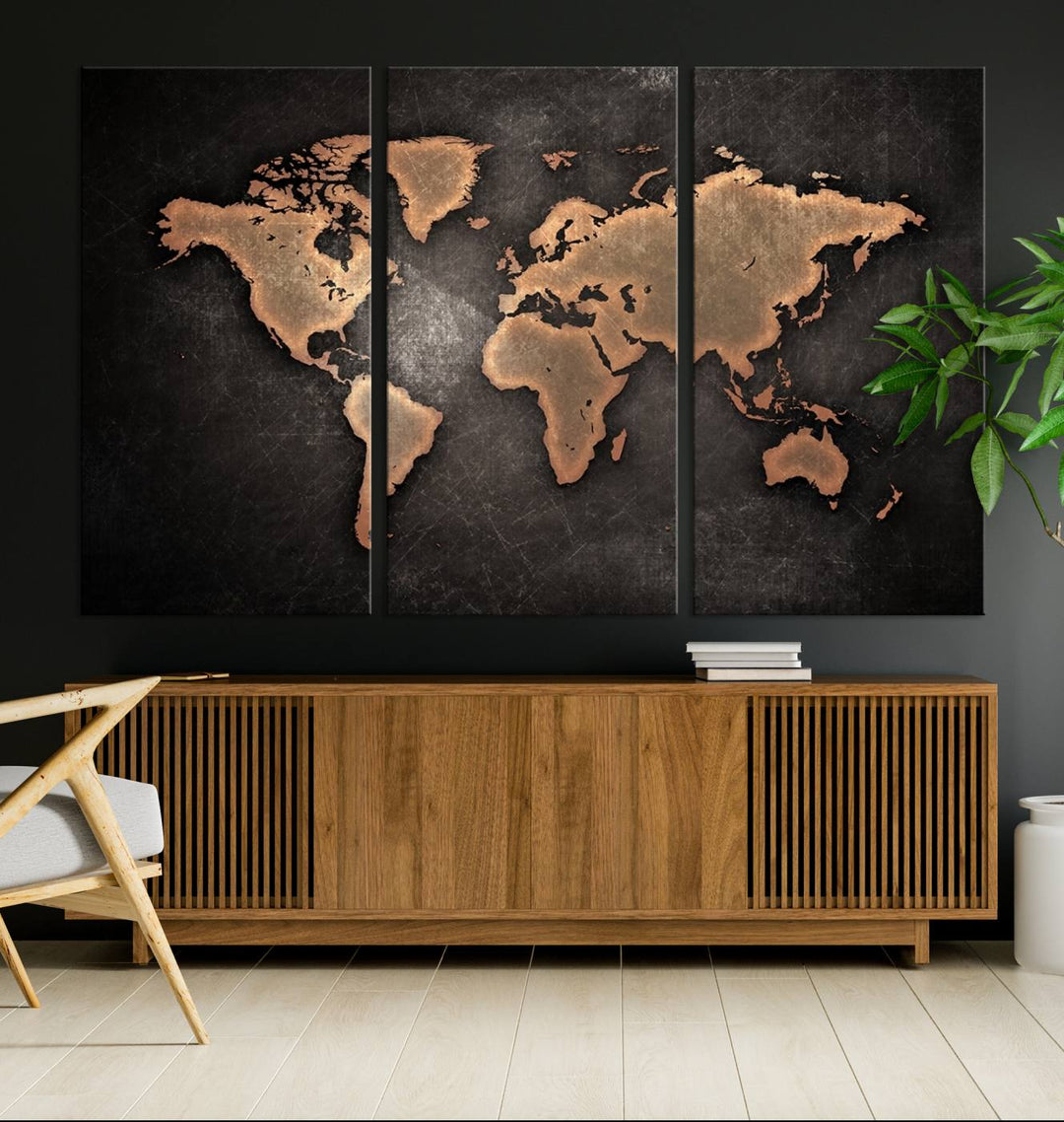 The Modern World Map on a metallic black canvas creates a striking effect.