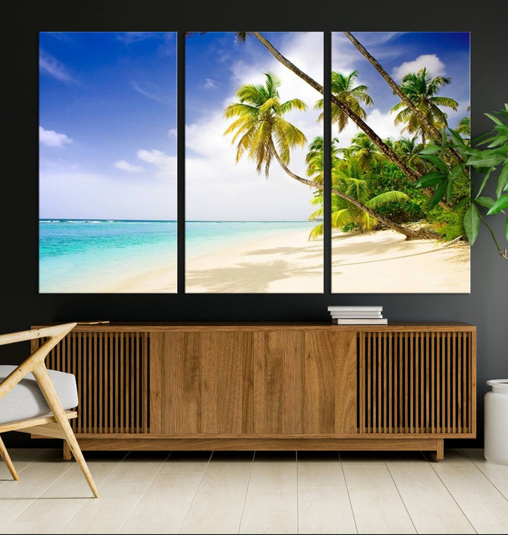 Tropical Beach Canvas: Palm Trees & White Sand Shore Decor, Vibrant Coastal Print, Ready to Hang.