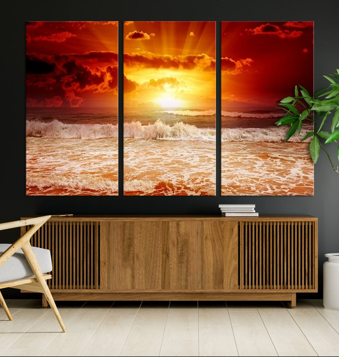 Museum-quality wall art titled Perfect Sunset Turns Sea and Sky to Red.