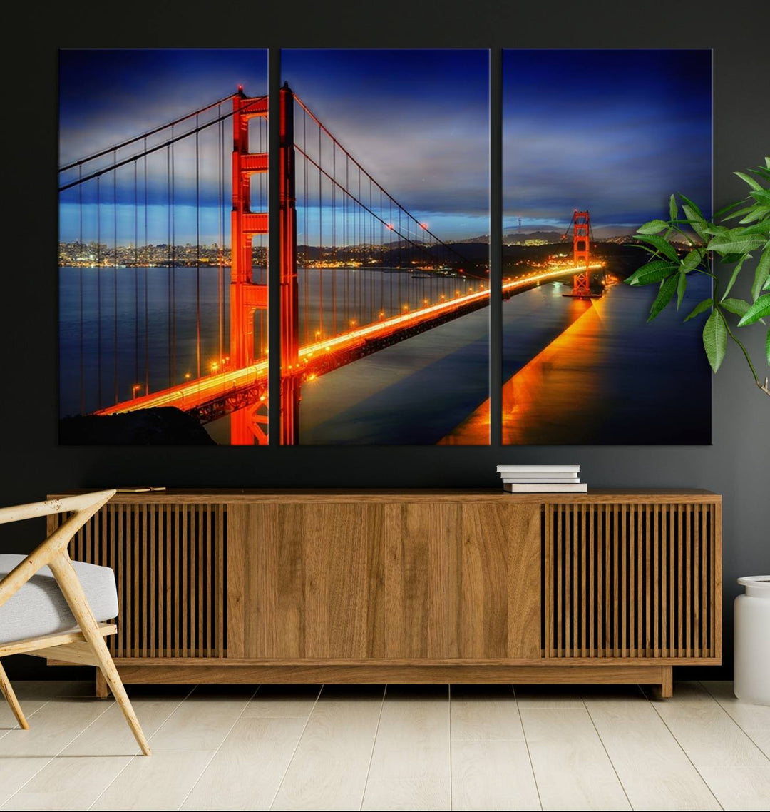 The living room features a large San Francisco canvas art piece—a stunning triptych of the Golden Gate Bridge at twilight, known as the "Large Wall Art San Francisco Canvas Print - Wonderful Golden Gate Bridge at Twilight.