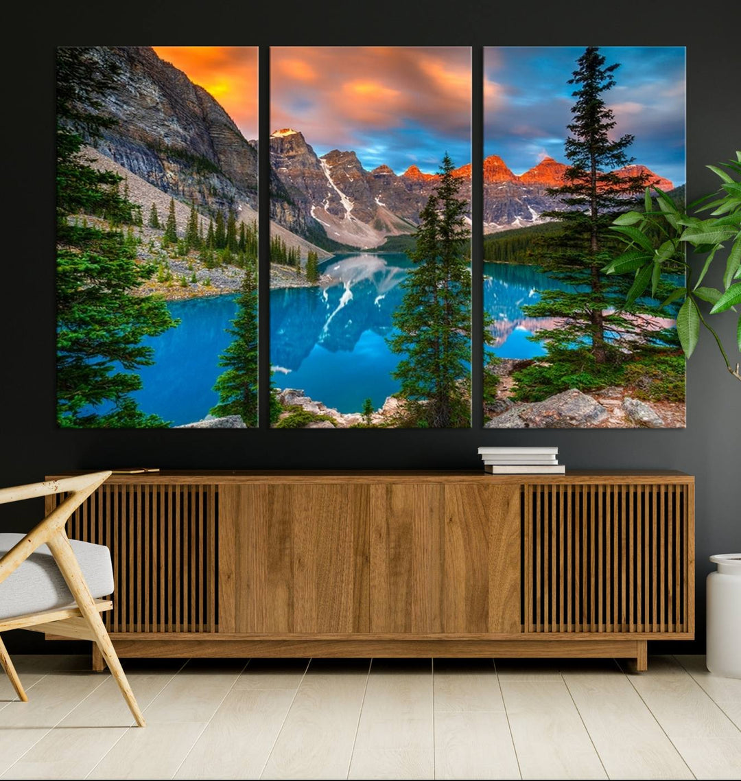 A kitchen featuring a Canadian Rockies Moraine Lake Wall Art Canvas Print displayed on the wall.