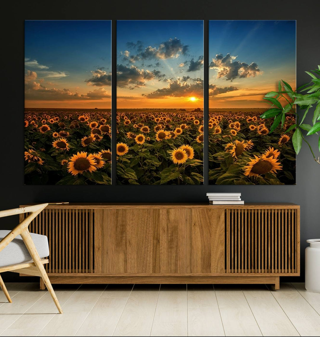 The dining area features the Sunflower Field Sunset Wall Art Canvas Print.