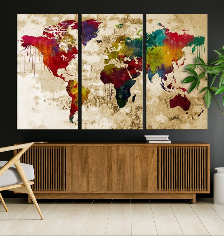 Wall Art World Map Canvas Print Rainbow Colored Vintage Style World Map