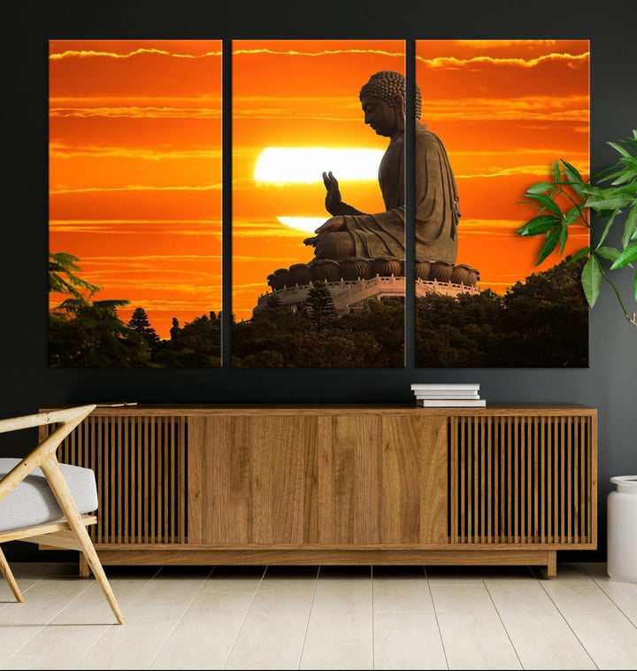 The Buddha Statue at Sunset canvas print adds serenity to the space.