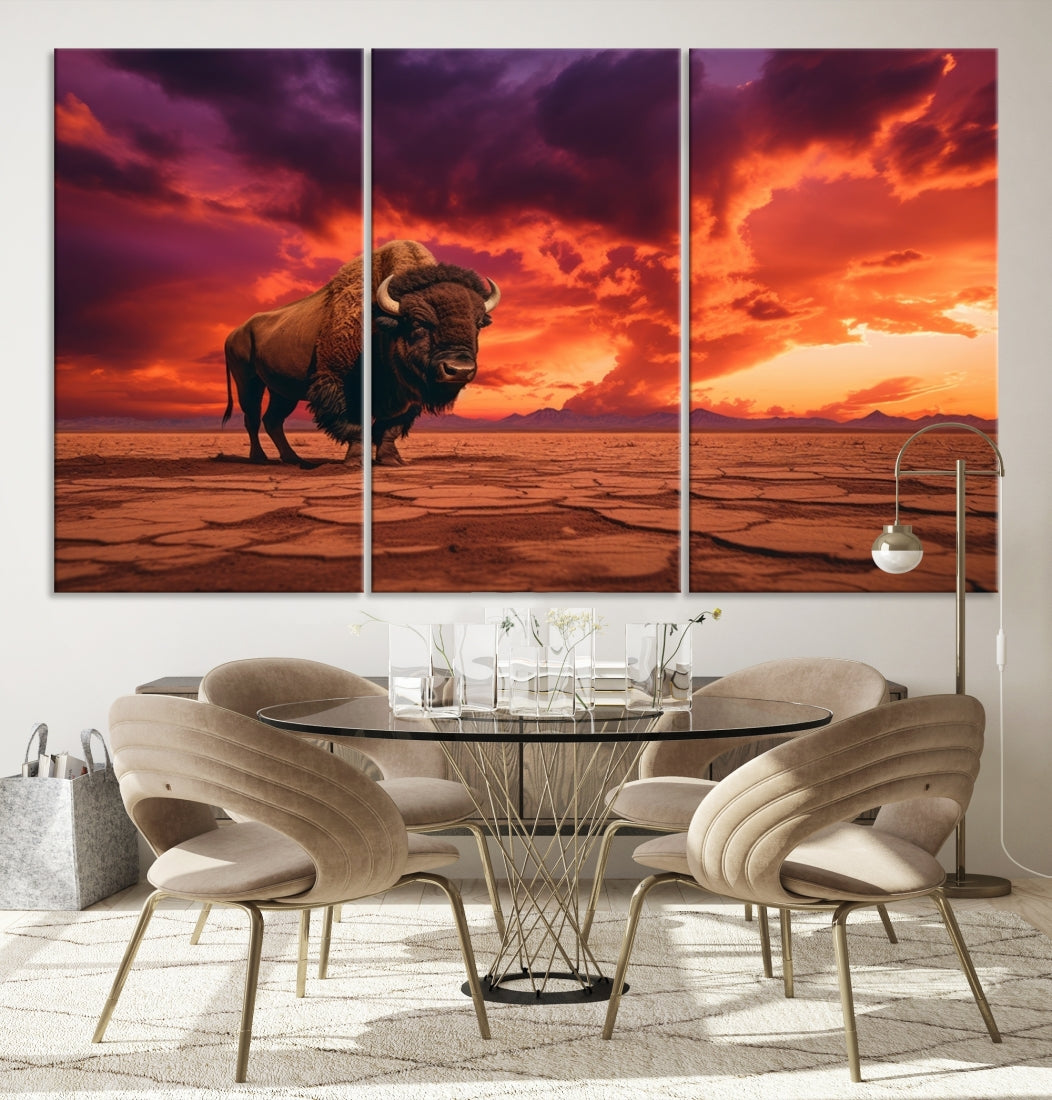 Alone Buffalo on Red Sunset Wall Art Canvas Print