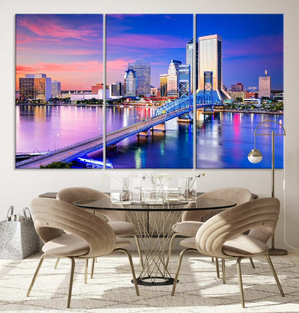 The Jacksonville Wall Art Canvas Print, showcasing the Jacksonville cityscape over a river at sunset, is elegantly crafted on museum-quality canvas with a UV-protective coating. Ready to hang, it elevates your space with its sophisticated charm.