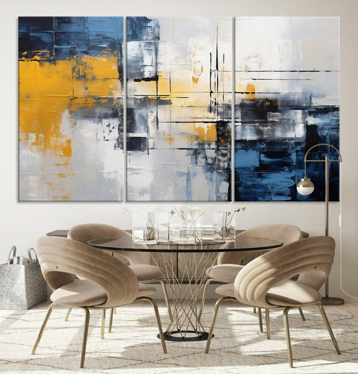 The Yellow Orange Blue Abstract Wall Art Print on gallery-wrapped, museum-quality canvases adds a vibrant touch to the room.