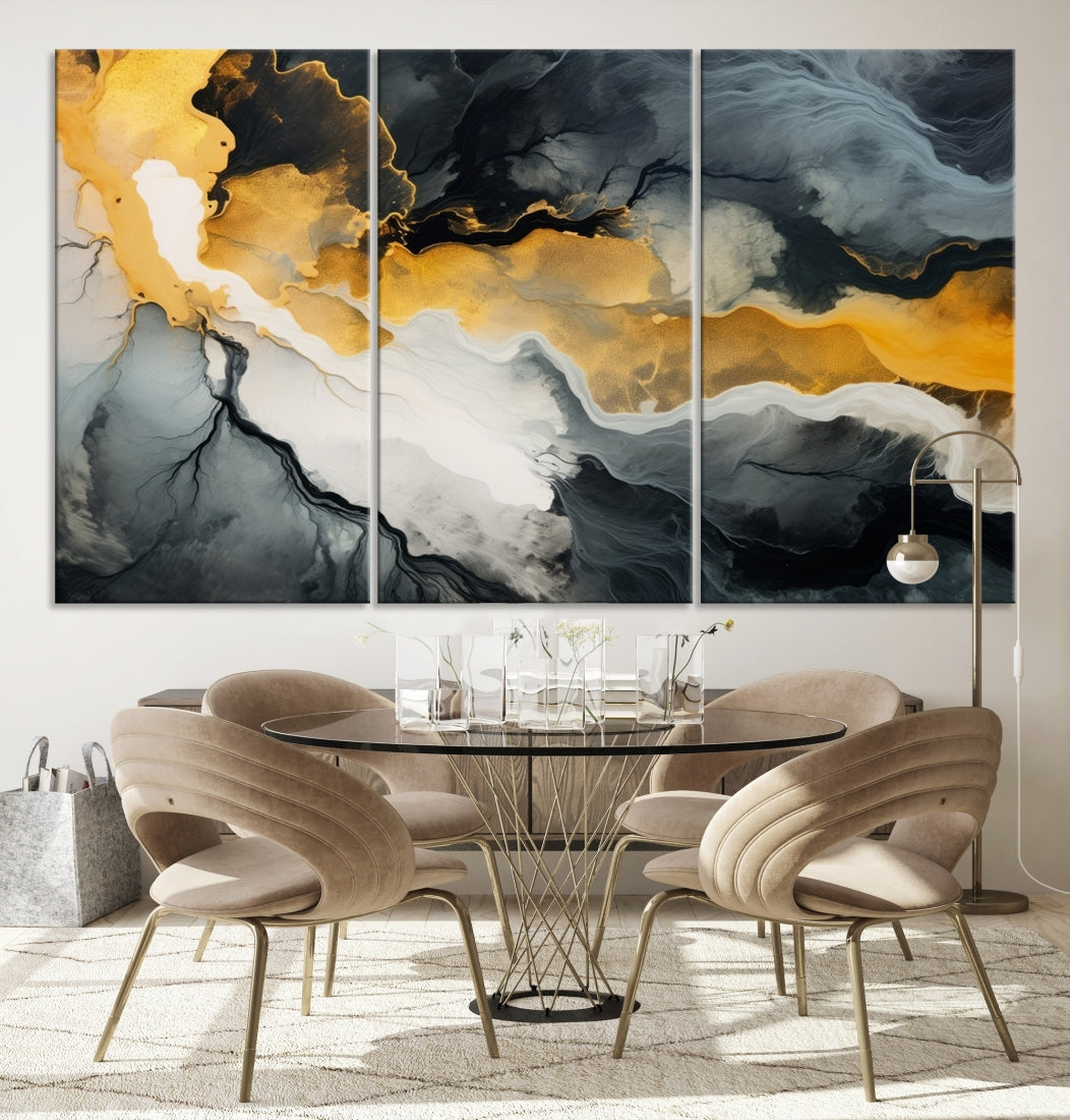 The Smoke Gray Green Golden Abstract Contemporary Art Canvas beautifully enhances a modern living room. Created on museum-quality canvas, this ready-to-hang artwork guarantees longevity and sophistication, perfectly aligning with the contemporary aesthetic.