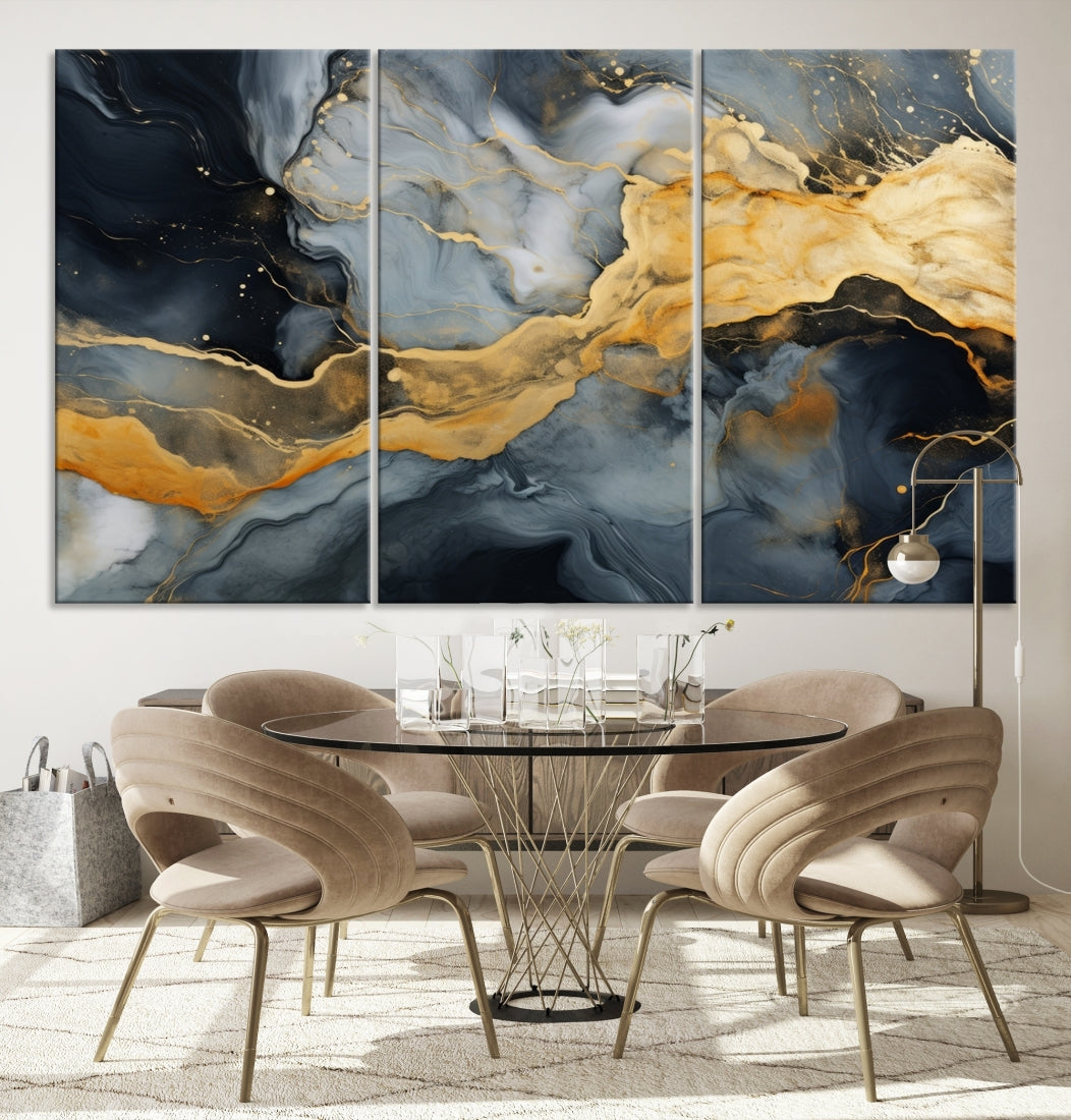 The living room features the Golden Gray Abstract Wall Art Print Contemporary Art Canvas Design, a triptych showcasing gold, black, and gray swirls. Crafted on museum-quality canvas and ready to hang, this piece is designed for elegance and durability.