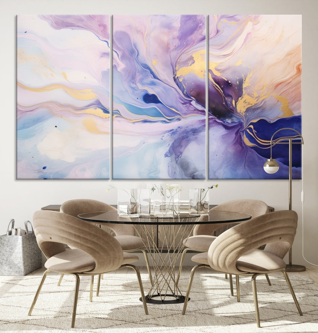 In the modern living room, a captivating Purple Color Abstract Wall Art Print graces the walls, mounted on museum-quality canvas, infusing the space with an artistic flair.