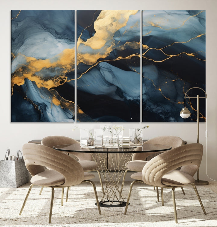 Contemporary artwork print featuring abstract blue and gold swirls on gallery wrapped, museum-quality canvas.