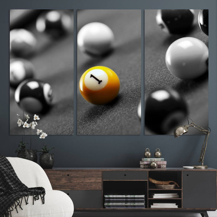 The Black and White Concept Billiard Balls Canvas Print elevates the space with museum-quality charm.