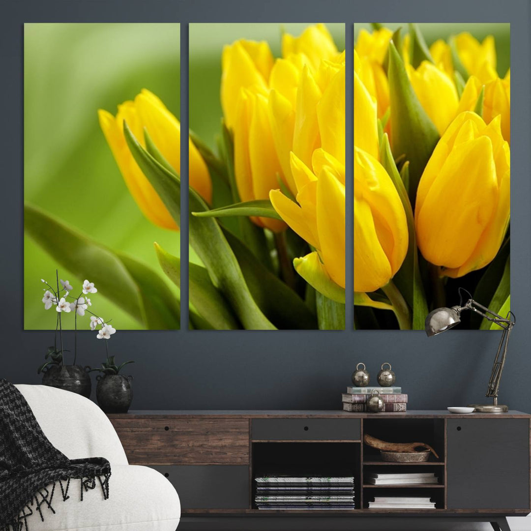 The Wall Art Yellow Tulips Canvas Print on a green background is featured.