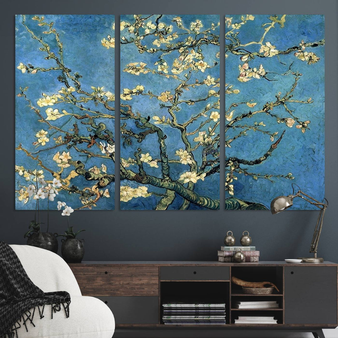 A Van Goghs Almond Blossom canvas print adds a touch of elegance to the wall.