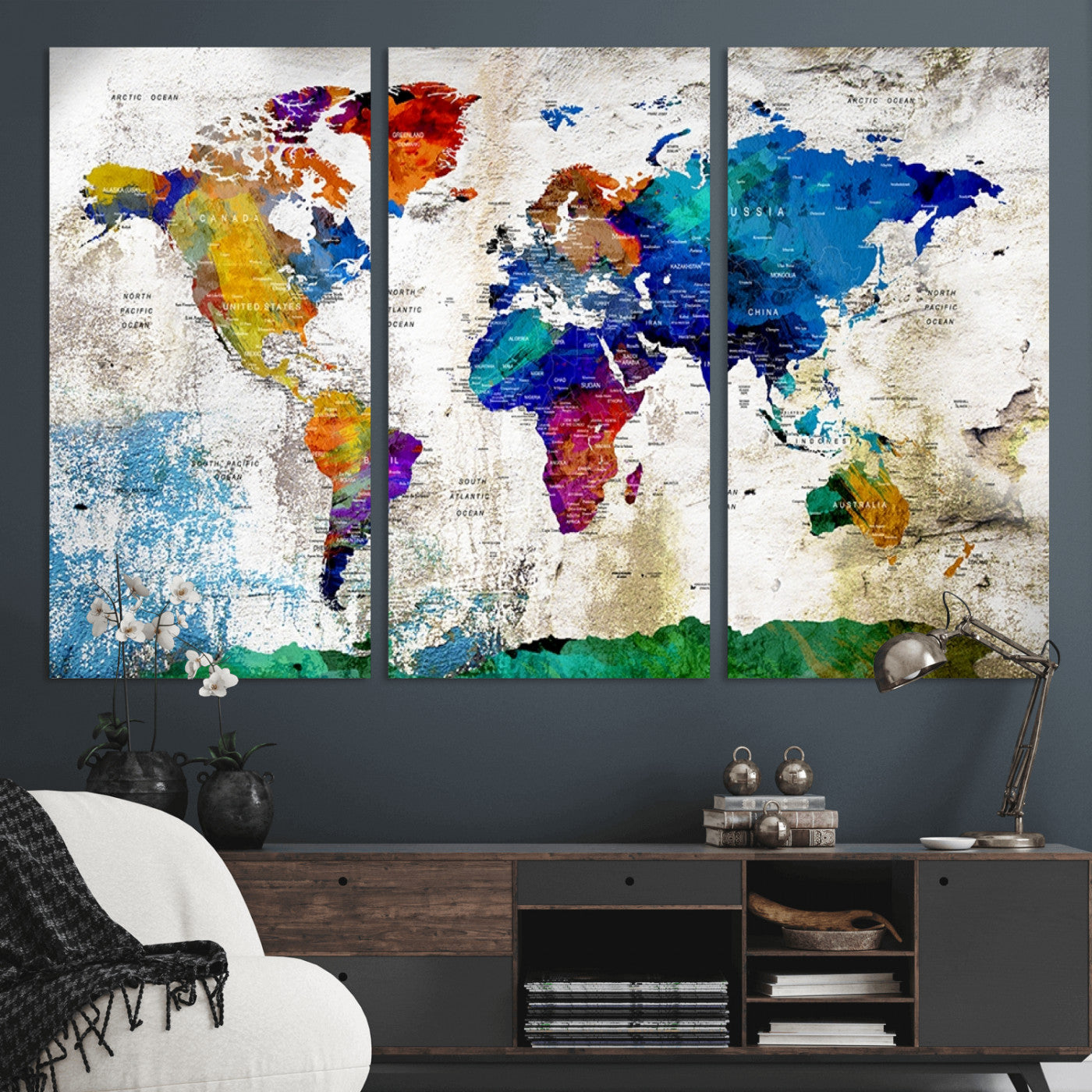 MGV-CV-48X32-3P - Push Pin World Map Canvas Print – Framed Wall Art for Couples to Track Their Travels – Anniversary