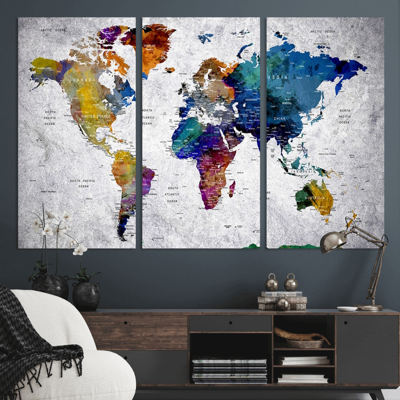 MGV-CV-48X32-3P - Push Pin World Map Canvas Print – Framed Wall Art for Couples to Track Their Travels – Anniversary