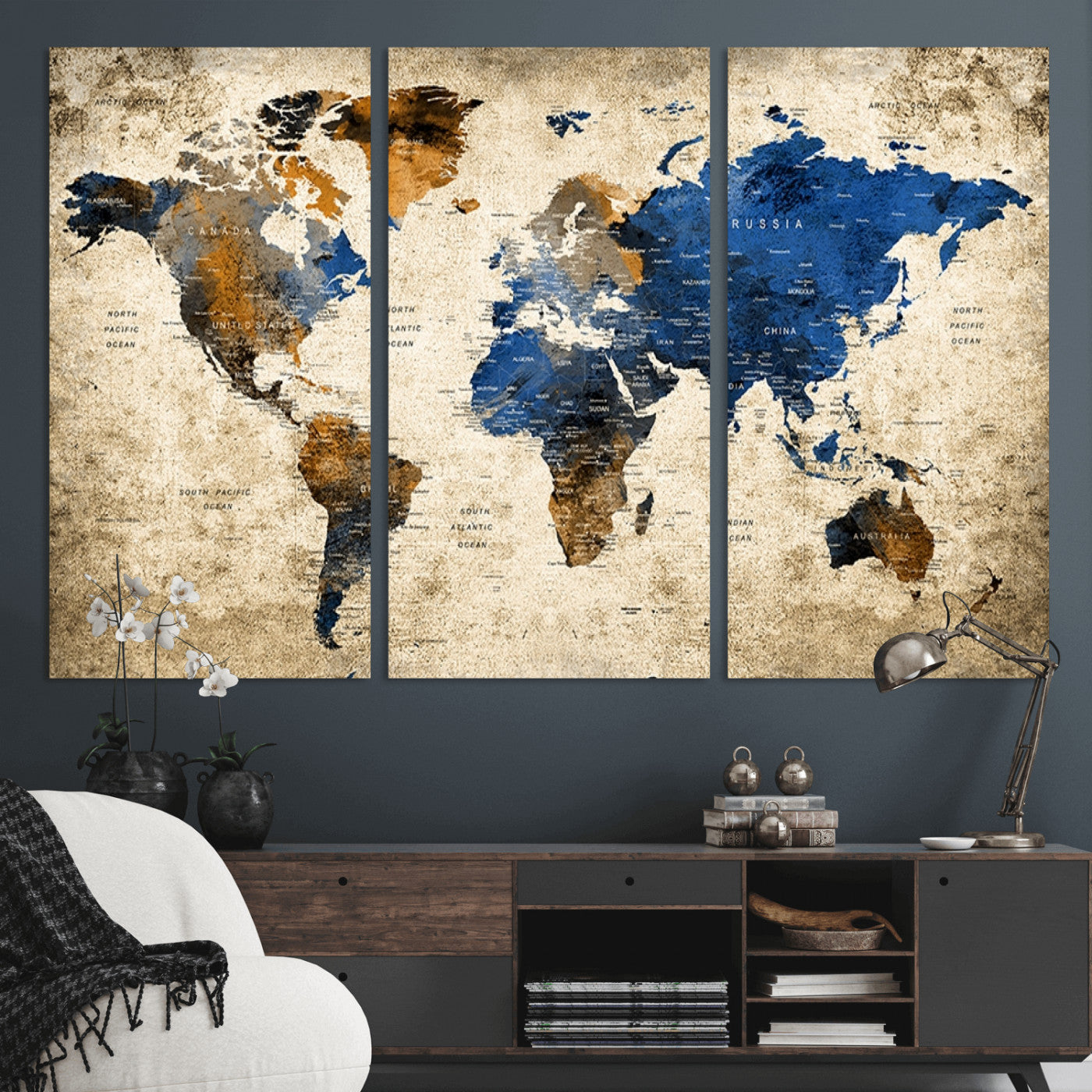MGV-CV-48X32-3P - Push Pin World Map Canvas Print – Framed Wall Art for Couples to Track Their Travels – Anniversary