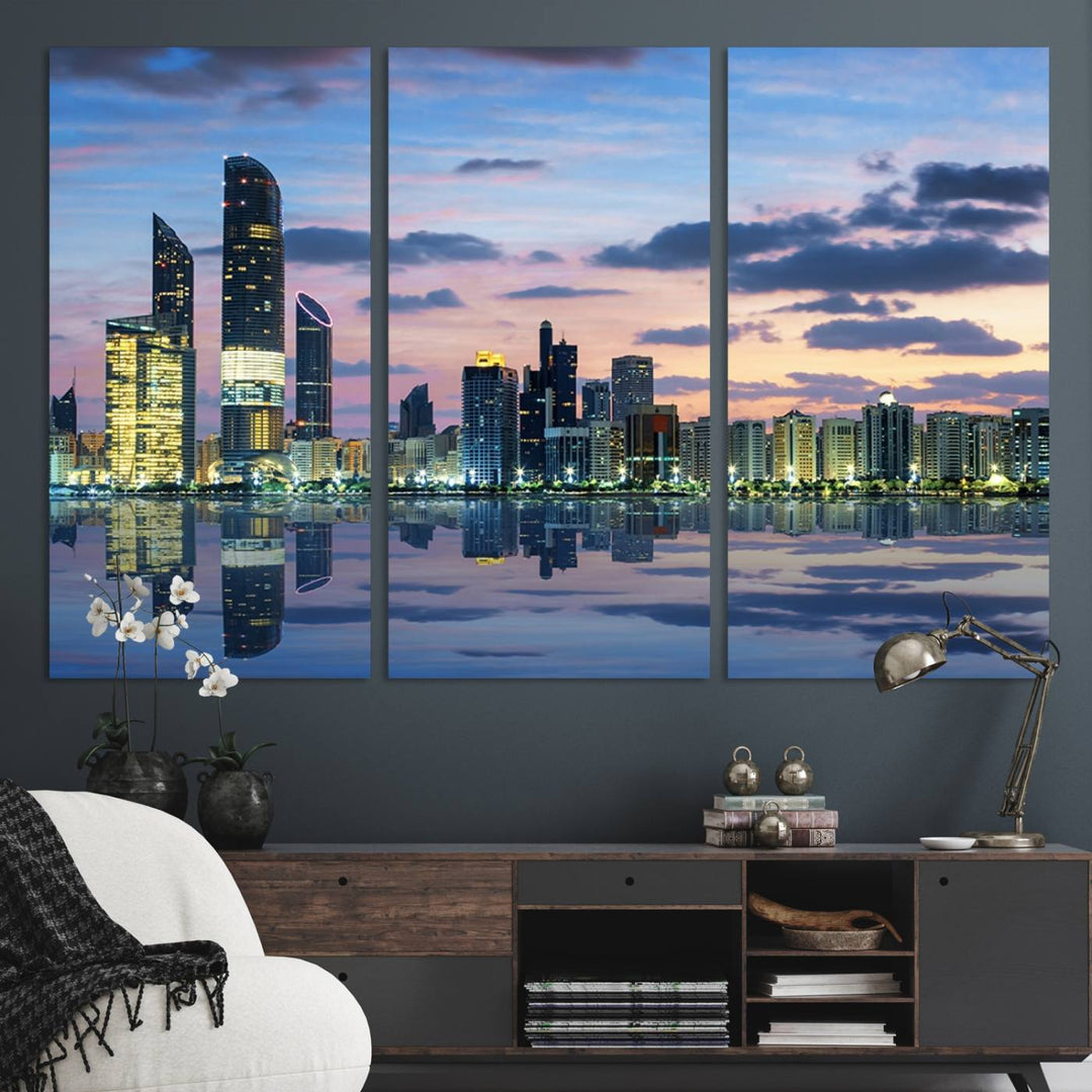 A gallery-quality wall art canvas print captures the Dubai city skyline with skyscrapers reflected in water at sunset.