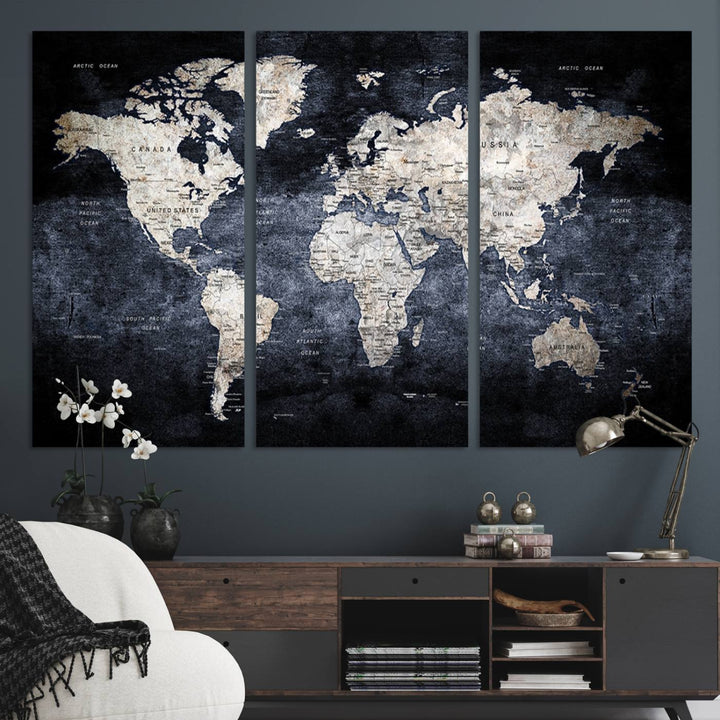 Rustic Black and Bronze World Map Canvas Triptych features white continents on a grunge-stained background.