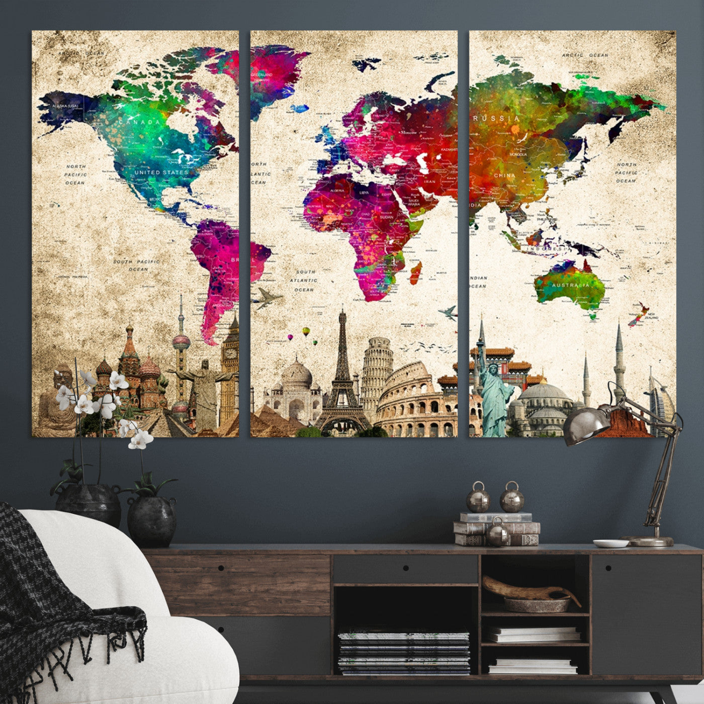 MGV-CV-48X32-3P - Push Pin World Map Canvas Print – Framed Wall Art for Couples to Track Their Travels – Anniversary