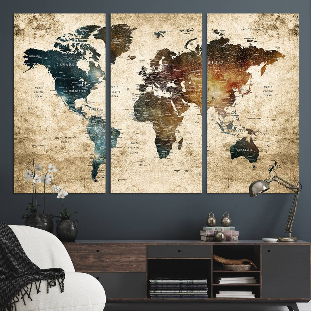 Vintage World Map Canvas Wall Art, perfect for antique-style decor, displayed against a light wood wall.