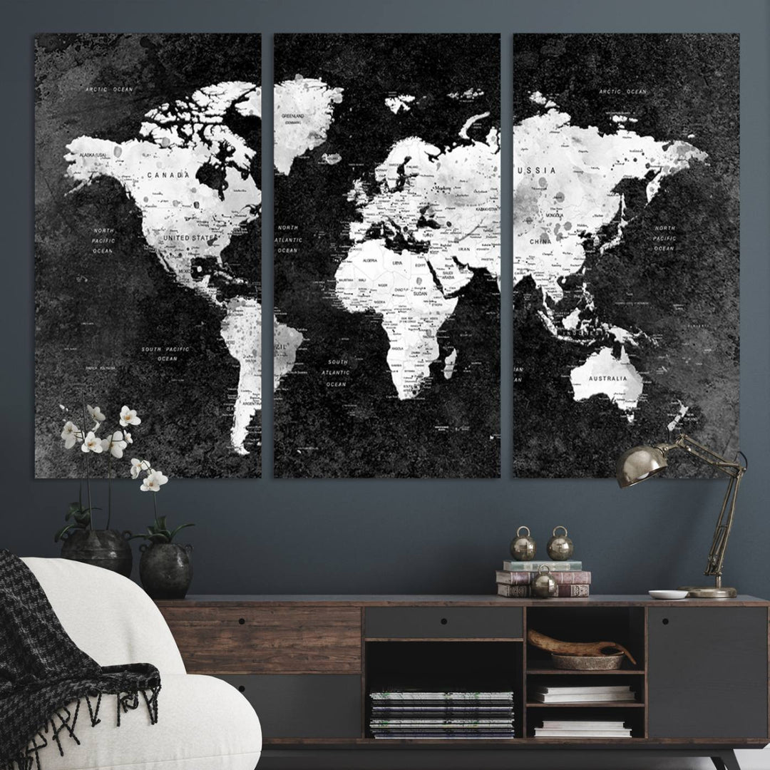 The dining room features a Modern Grayscale World Map 3-Panel Canvas Art as its focal point.