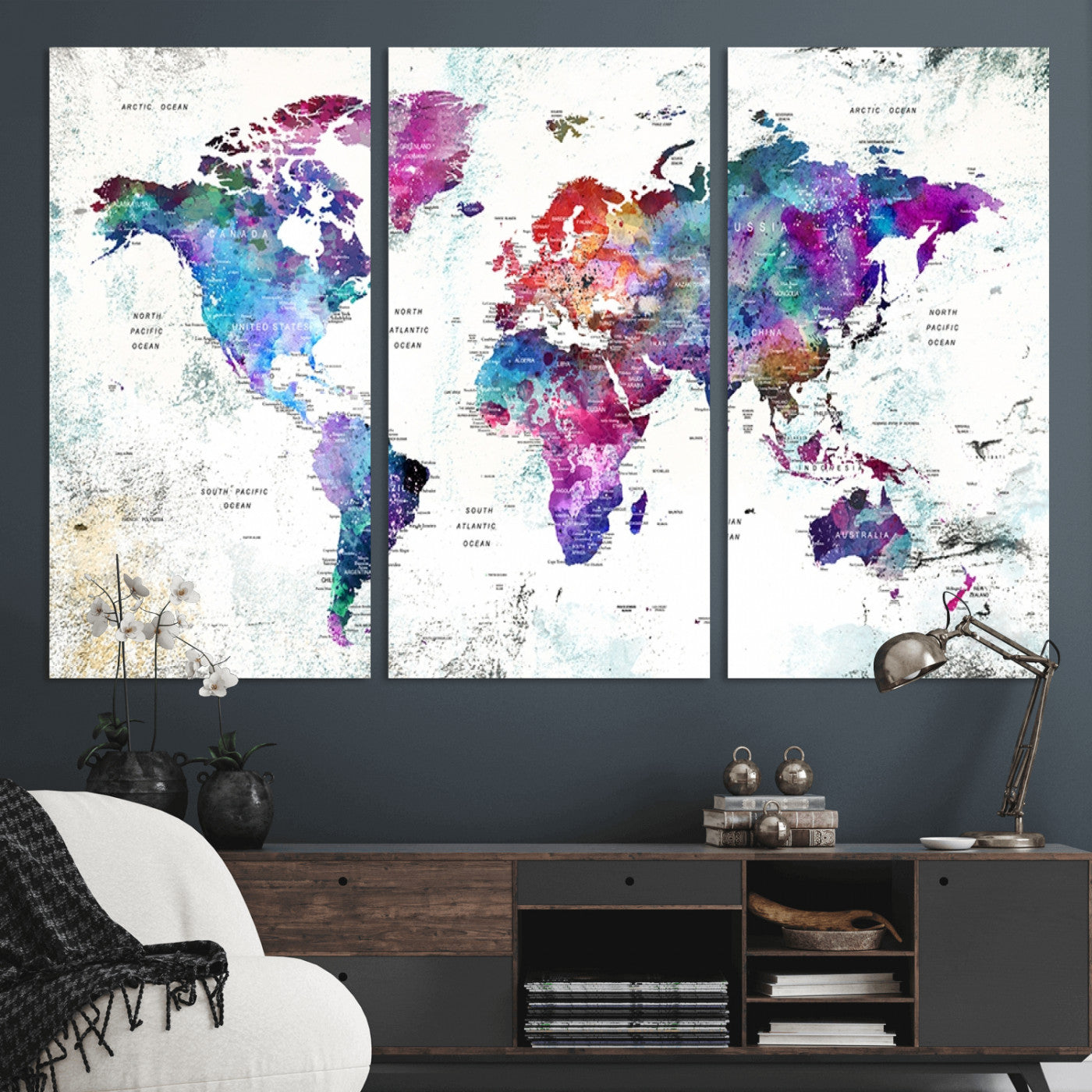 MGV-CV-48X32-3P - Push Pin World Map Canvas Print – Framed Wall Art for Couples to Track Their Travels – Anniversary