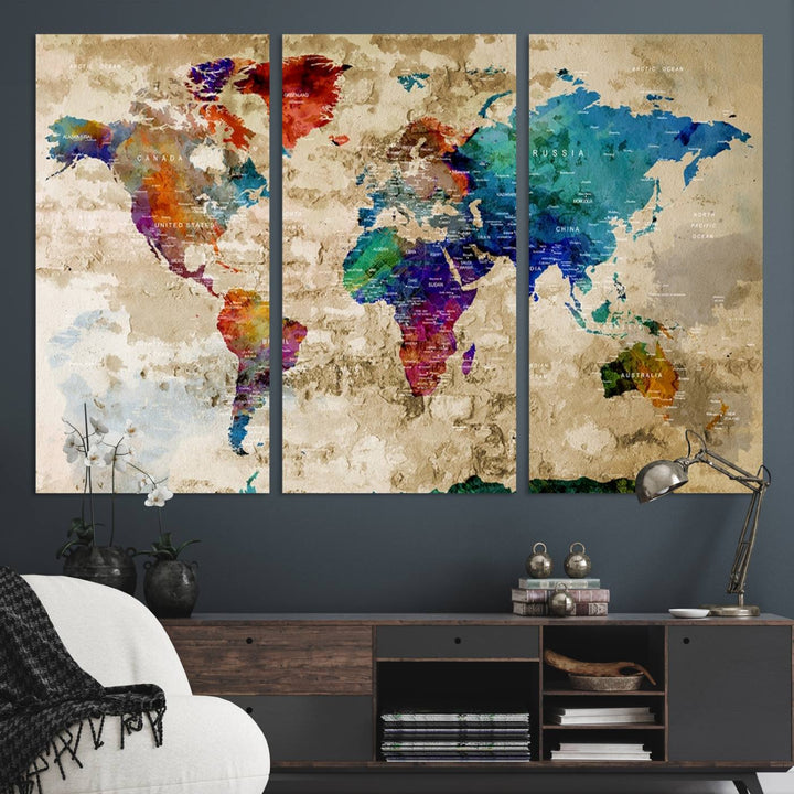 An Abstract Large Watercolor World Map Canvas Print hangs prominently.