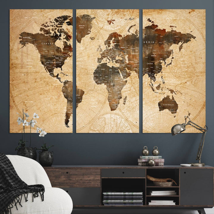 Vintage World Map: 3-Panel Canvas Print in antique rustic style. Framed and gallery wrapped. Ideal for decor.