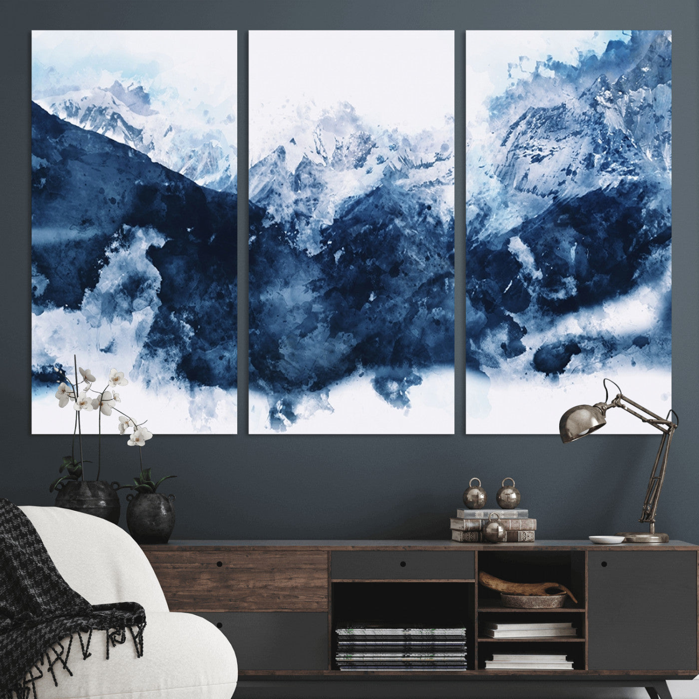 81700-MGV-CV-36X24-Abstract Blue Mountain Canvas Wall Art – Modern Triptych Landscape Print – Contemporary Nature Decor for Living Room or Office – Ready to