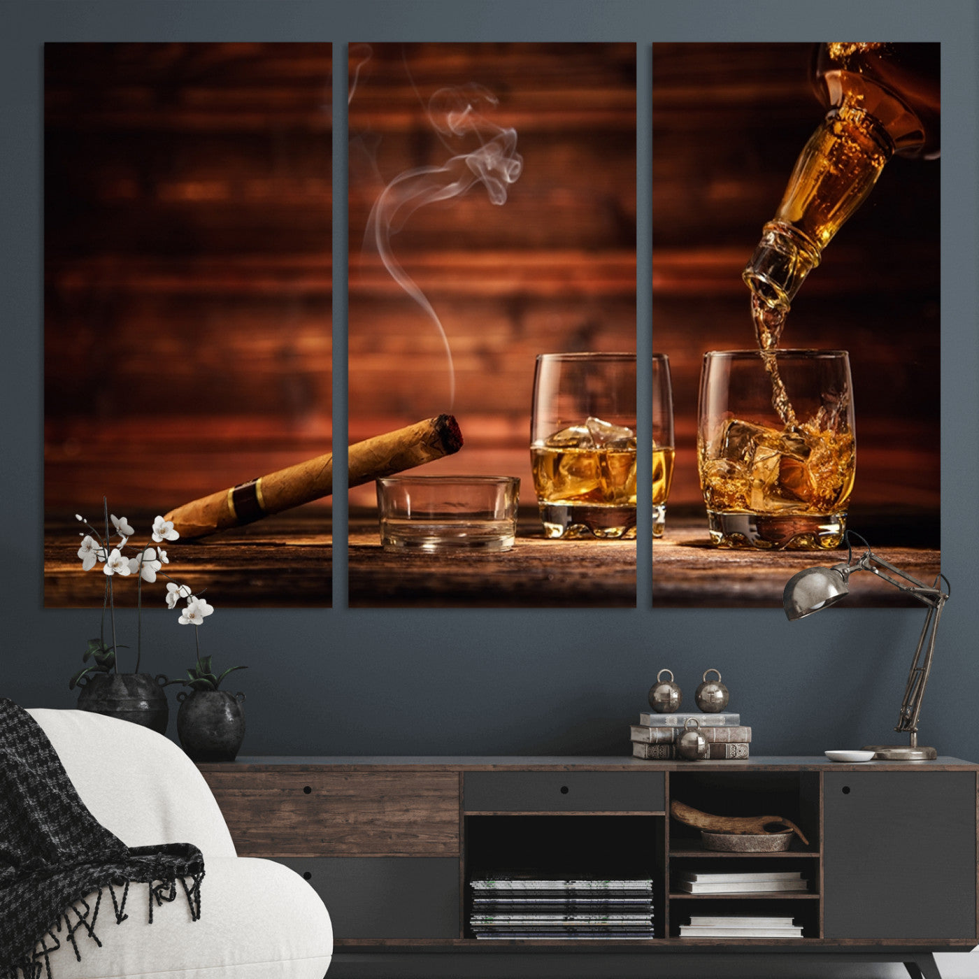 MGV-CV-48X32-3P - Whiskey and Cigar Wall Art Canvas | 3 Panel Bar Room Decor for Home Lounge, Office, or Man Cave |