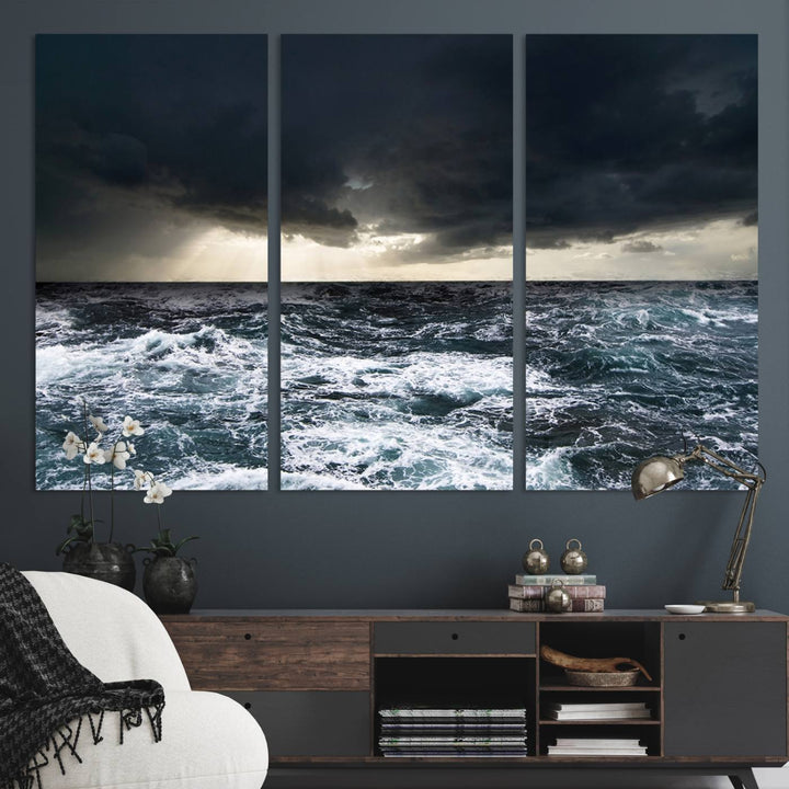 A Dark Clouds Stormy Sea canvas print, ready to hang, enhances the room.