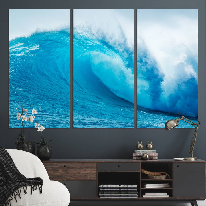 A museum-quality canvas depicting a vibrant blue ocean wave with white foam under a clear sky.