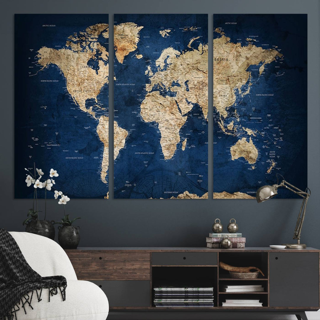 Classic Vintage Blue World Map Canvas Print featuring beige continents against a deep blue background.