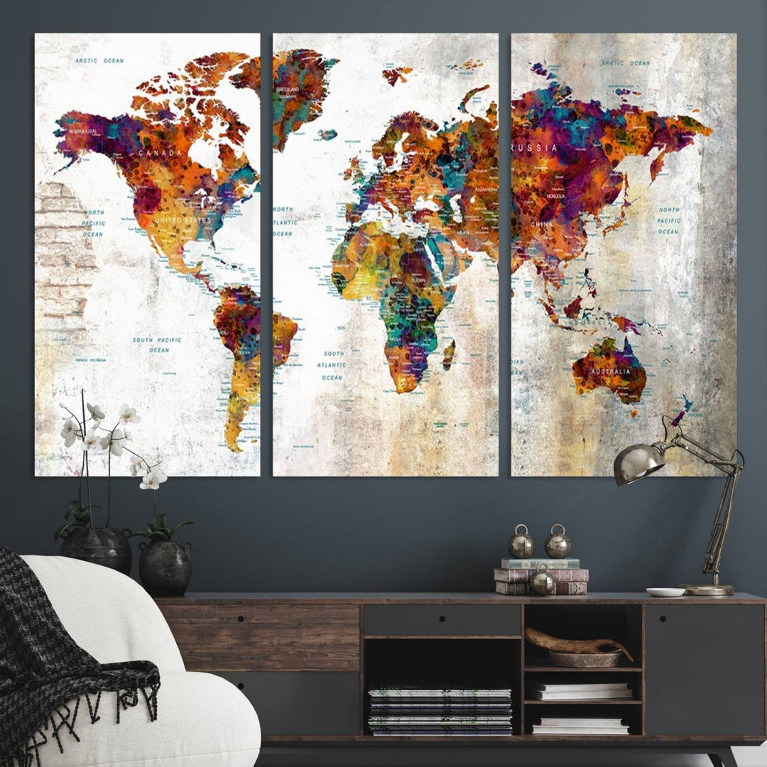 A vibrant Grunge Map Canvas Wall Art Set (3 Panels) for home or office decor, perfect for travel enthusiasts.