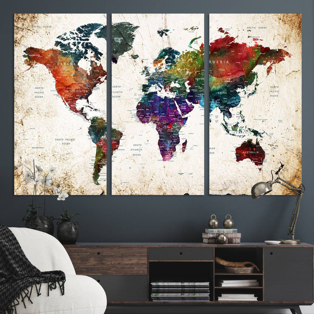 The living room features elegant world map wall art.