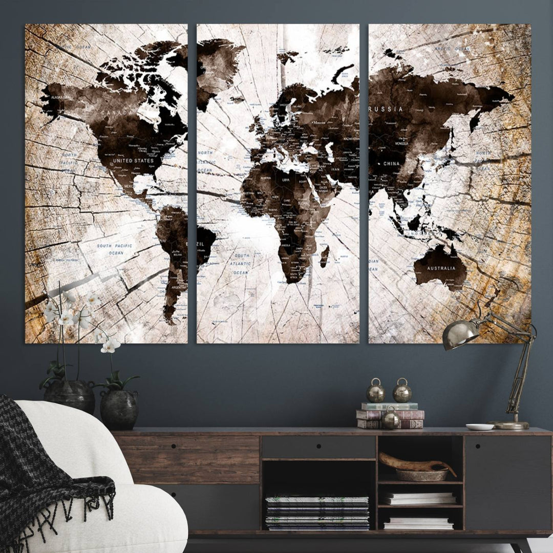 The Tree Ring World Map Canvas hangs above the table, blending into the nature-inspired setting.