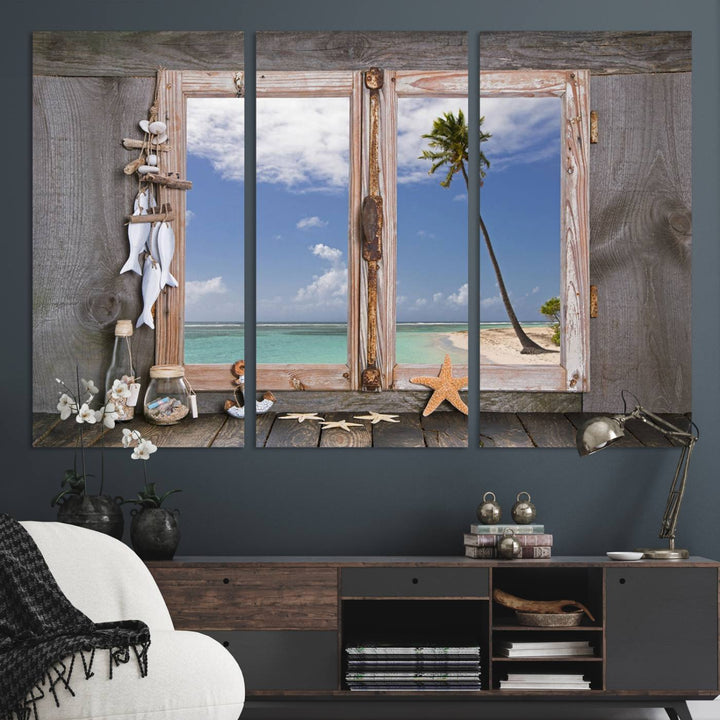 The Window Wall Art Relaxing Beach features seashells and a rustic window frame.