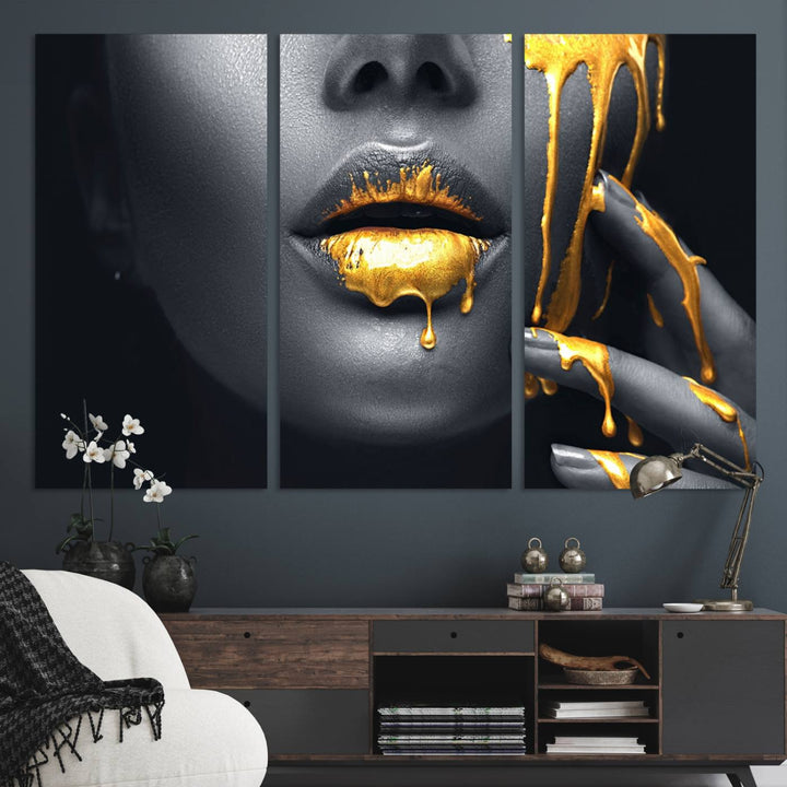 The Gold Lips and Black Woman Makeup Canvas Print features a chic monochrome face design, making it ideal for a modern dining room.