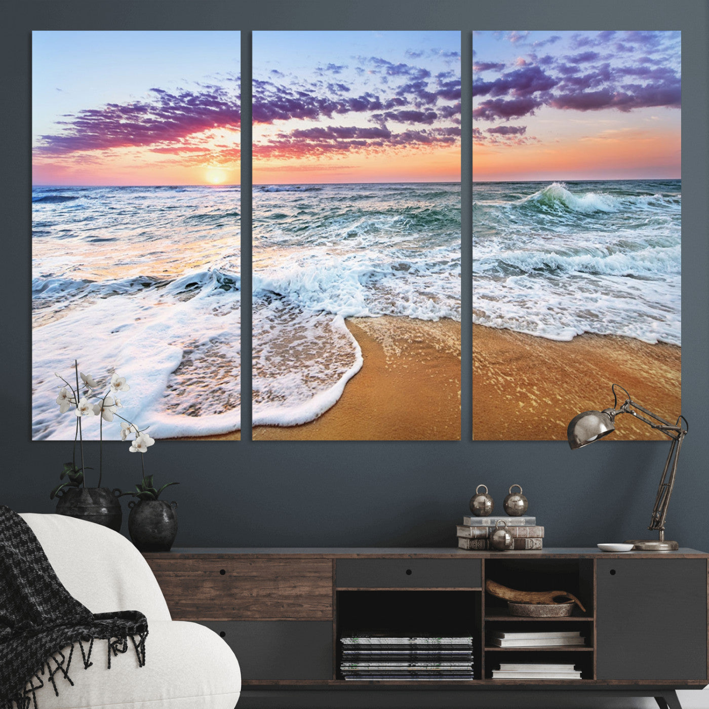 MGV-CV-48X32-3P - Coastal Sunset Art Beach Canvas Wall Art Print | Ocean Waves Wall Art | Large 3-Panel Seascape for